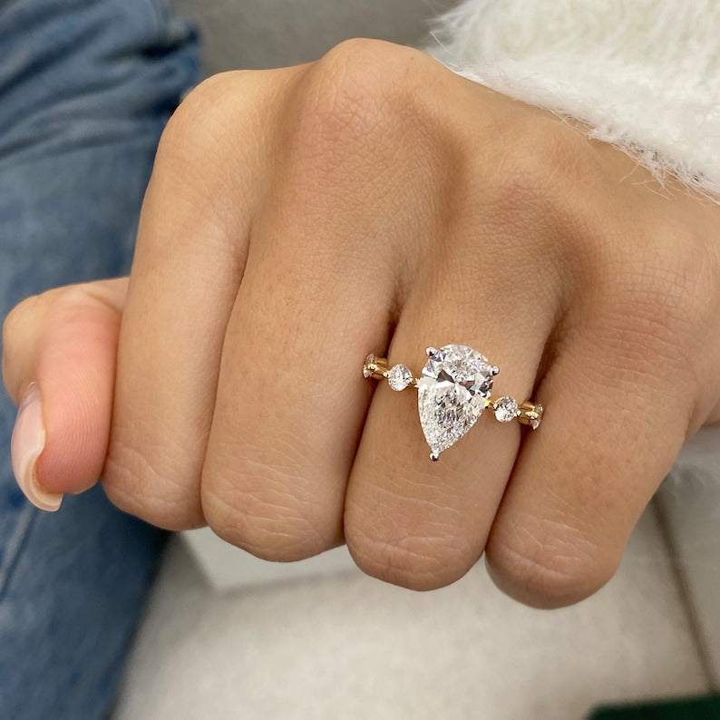 2.0 CT Pear Moissanite Dainty Two Tone Engagement Ring - farrellouise