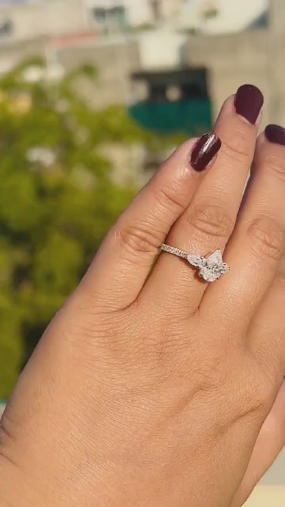 1.20 CT Pear Moissanite Three Stone & Pave Setting Engagement Ring