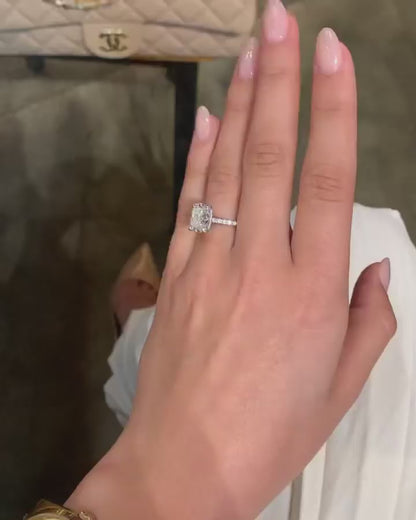 3.20 CT Cushion Solitaire Hidden Halo & Pave Moissanite Engagement Ring