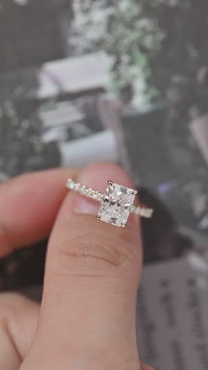2.0 CT Radiant Moissanite Hidden Halo Pave Setting Engagement Ring