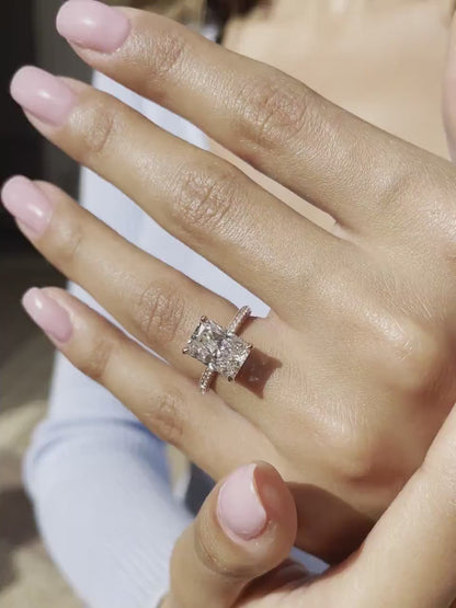 2.57 CT Radiant Moissanite Hidden Halo Engagement Ring With Pave Setting