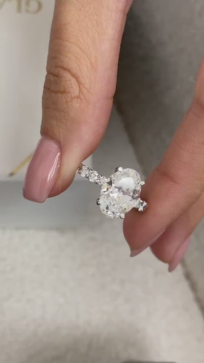 3.0 CT Oval Moissanite Hidden Halo Engagement Ring With Pave Setting