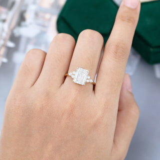 3.50 CT Emerald Shaped Moissanite Cluster Engagement Ring