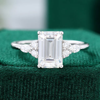 2.0 CT Emerald Shaped Moissanite Cluster Engagement Ring